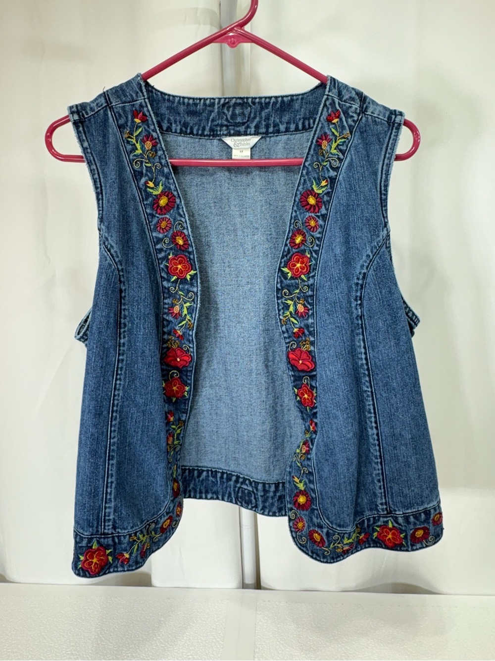 Christopher & Banks Blue Denim Vest with Red Floral Embroidery 3513